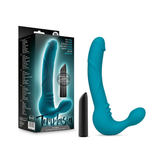 Temptasia Luna 9 in. Silicone Strapless Strap-On Dildo with Rechargeable Bullet Vibrator Teal - Red Garter