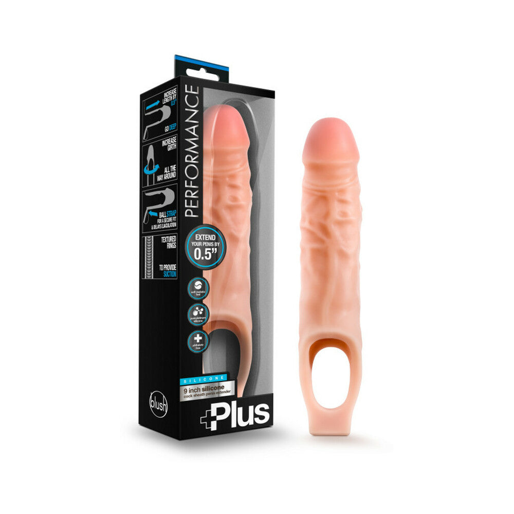 Blush Performance Plus 9 in. Silicone Cock Sheath Penis Extender Sling Beige - Red Garter