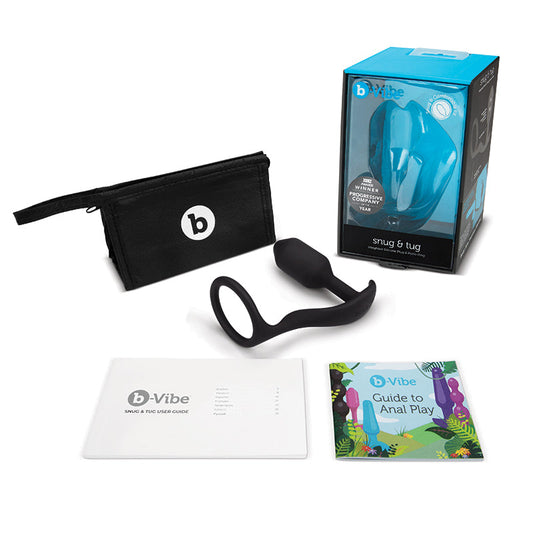 b-Vibe Snug & Tug Weighted Silicone Anal Plug with Cockring Black - Red Garter