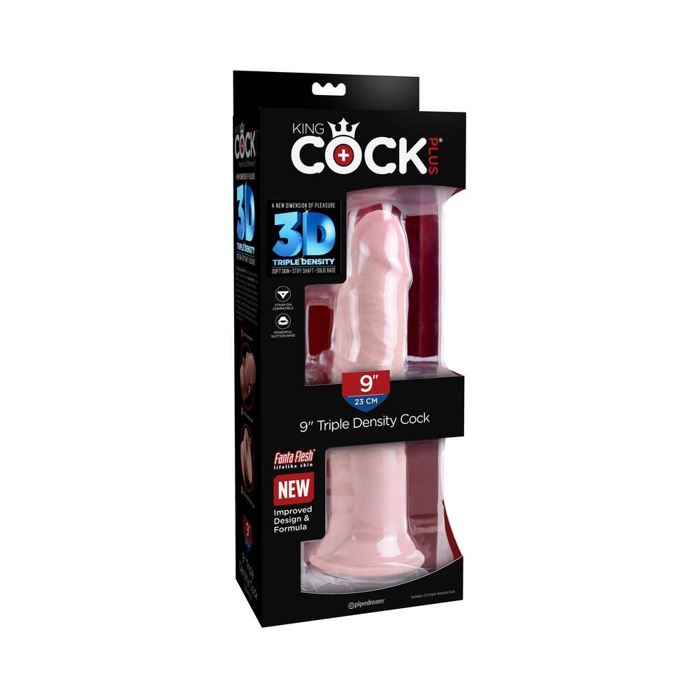 Pipedream King Cock Plus 9 in. Triple Density Cock Realistic Dildo With Suction Cup Beige - Red Garter
