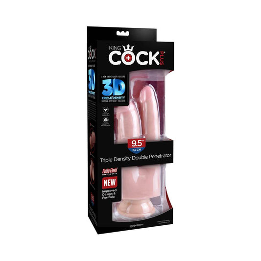 Pipedream King Cock Plus Triple Density Double Penetrator 9.5 in. Realistic Dildo Beige - Red Garter