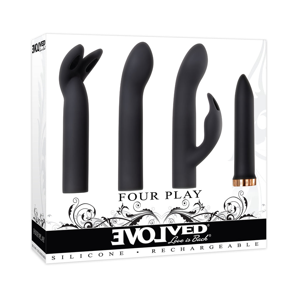 Evolved Four Play Rechargeable Silicone Bullet Vibrator and 3-Piece Sleeve Set Black - Red Garter