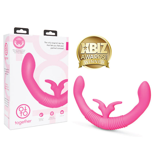 Together Couples Toy with Echo Function Rechargeable Silicone Dual Ended Rabbit Vibrator Pink - Red Garter