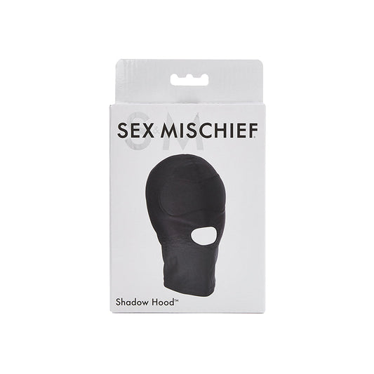 Sportsheets Sex & Mischief Shadow Hood Full-Head Mask with Open Mouth Black - Red Garter