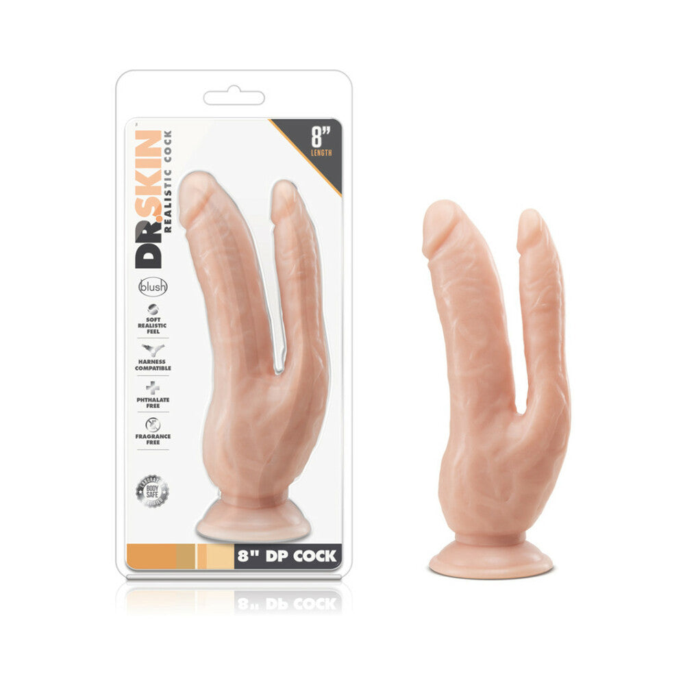 Dr. Skin DP Cock Realistic 8 in. Dual Entry Dildo Beige - Red Garter