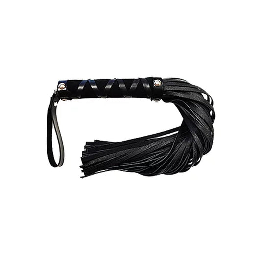Short Leather Flogger with Studded Handle - BLACK - Red Garter