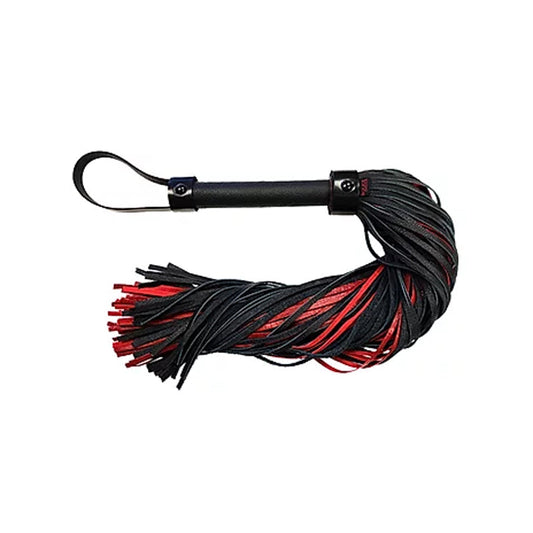 Leather Handle, Leather Long Flogger- Burgunday & Black - Red Garter
