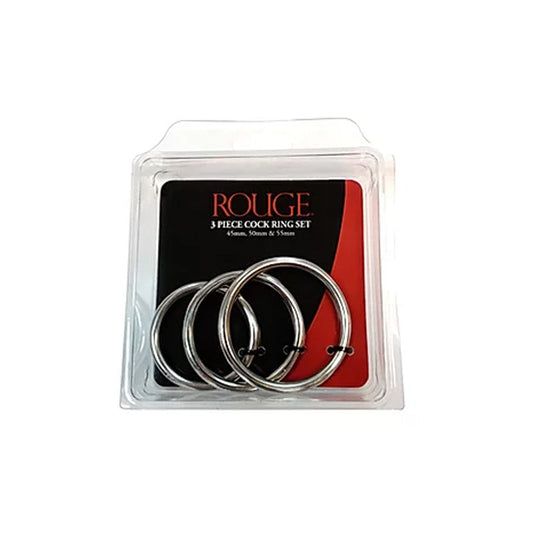 Stainless Steel  Stainless Steel 3 Piece Cock Ring Set (55mm/50mm/45mm) - in Clamshell - Red Garter