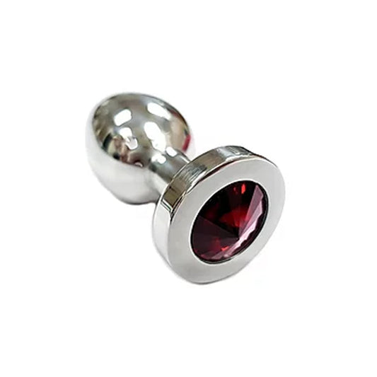 Stainless Steel  Smooth Medium Butt Plug- Red Crystal - Red Garter