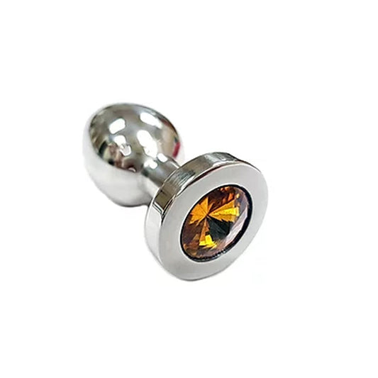 Stainless Steel Smooth Medium Butt Plug- Yellow Crystal - Red Garter