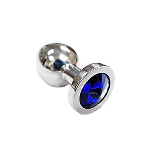 Stainless Steel Smooth Small Butt Plug- Blue Crystal - Red Garter