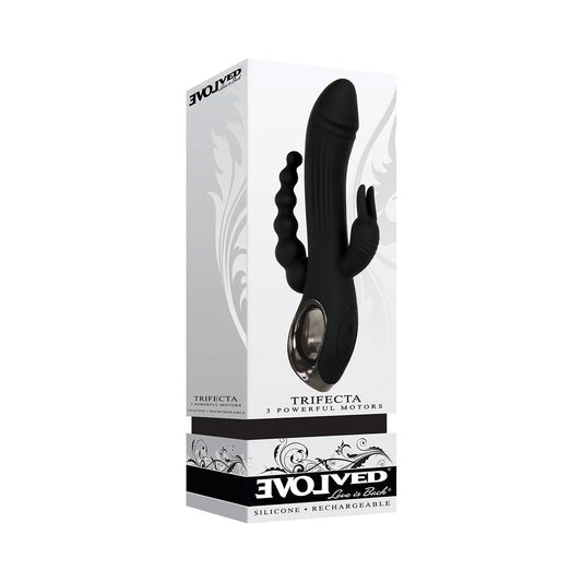 Evolved Trifecta Rechargeable Dual Entry Triple Stimulation Silicone Rabbit Vibrator Black - Red Garter