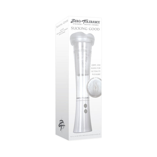 Zero Tolerance Sucking Good Rechargeable Vibrating Vacuum Pump Stroker Clear/White - Red Garter