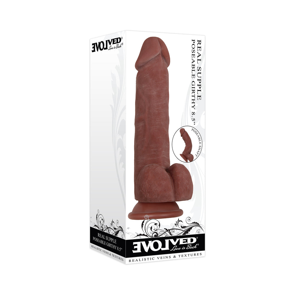 Evolved Real Supple Girthy Poseable 8.5 in. Realistic Dildo With Balls Brown - Red Garter
