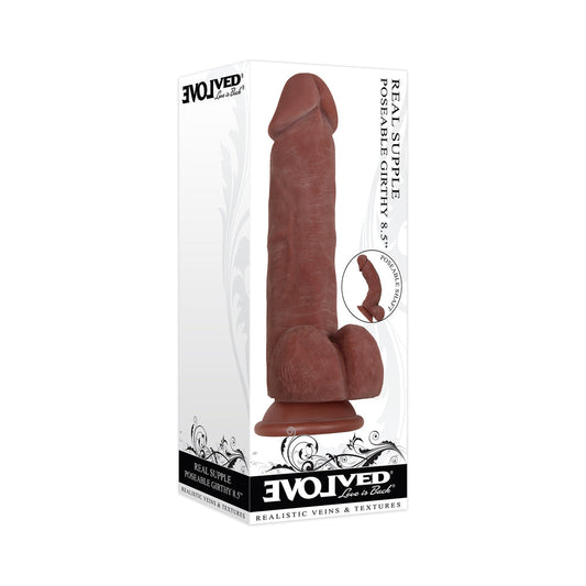 Evolved Real Supple Girthy Poseable 8.5 in. Realistic Dildo With Balls Brown - Red Garter
