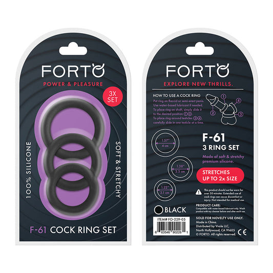 Forto F-61 3-Piece Silicone Cockring Set Black - Red Garter