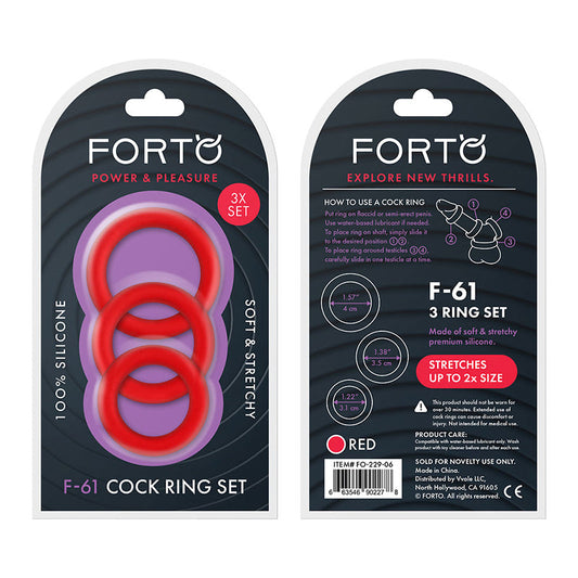 Forto F-61 3-Piece Silicone Cockring Set Red - Red Garter
