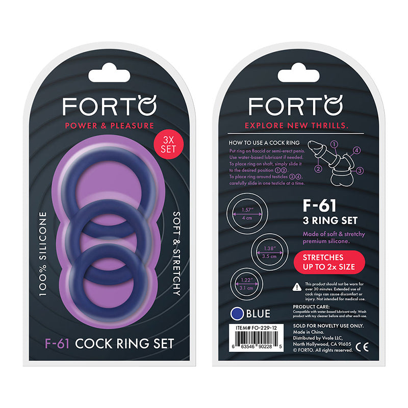 Forto F-61 3-Piece Silicone Cockring Set Blue - Red Garter