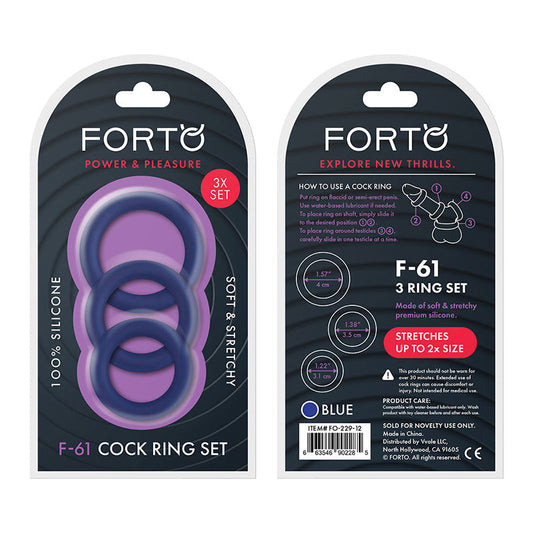 Forto F-61 3-Piece Silicone Cockring Set Blue - Red Garter
