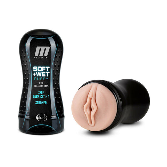 M for Men Soft + Wet Pussy with Pleasure Orbs Self-Lubricating Vagina Stroker Beige - Red Garter