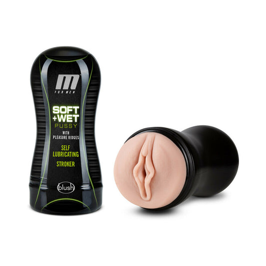 M for Men Soft + Wet Pussy with Pleasure Ridges Self-Lubricating Vagina Stroker Beige - Red Garter