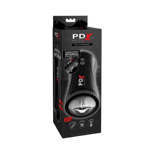 PDX Elite Moto Stroker Rechargeable Thrusting Vibrating Masturbator Clear/Black - Red Garter