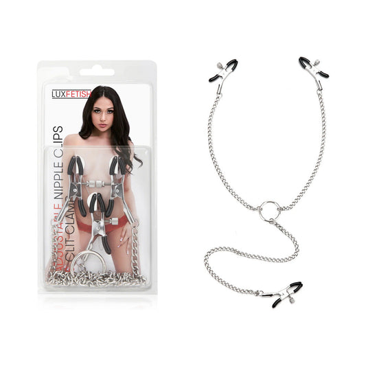 Lux Fetish Adjustable Nipple Clips & Clit Clamp - Red Garter