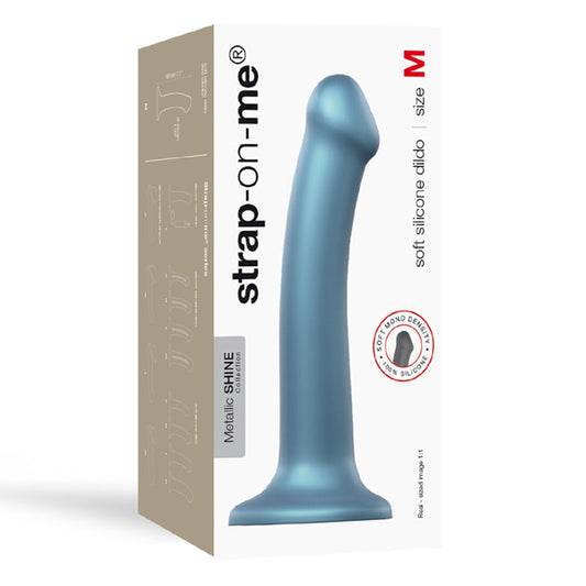 Strap-On-Me Metallic Shine Collection Soft Single-Density Silicone Dildo Duck Blue M - Red Garter