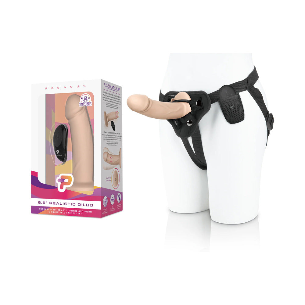 Pegasus 6.5 in. Realistic Peg Rechargeable Remote-Controlled Dildo & Harness Set Beige - Red Garter