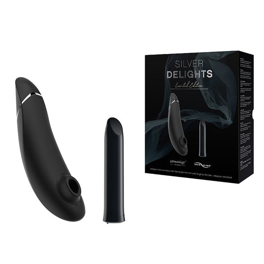We-Vibe x Womanizer Silver Delights Collection Pleasure Set (Tango & Womanizer) Black - Red Garter