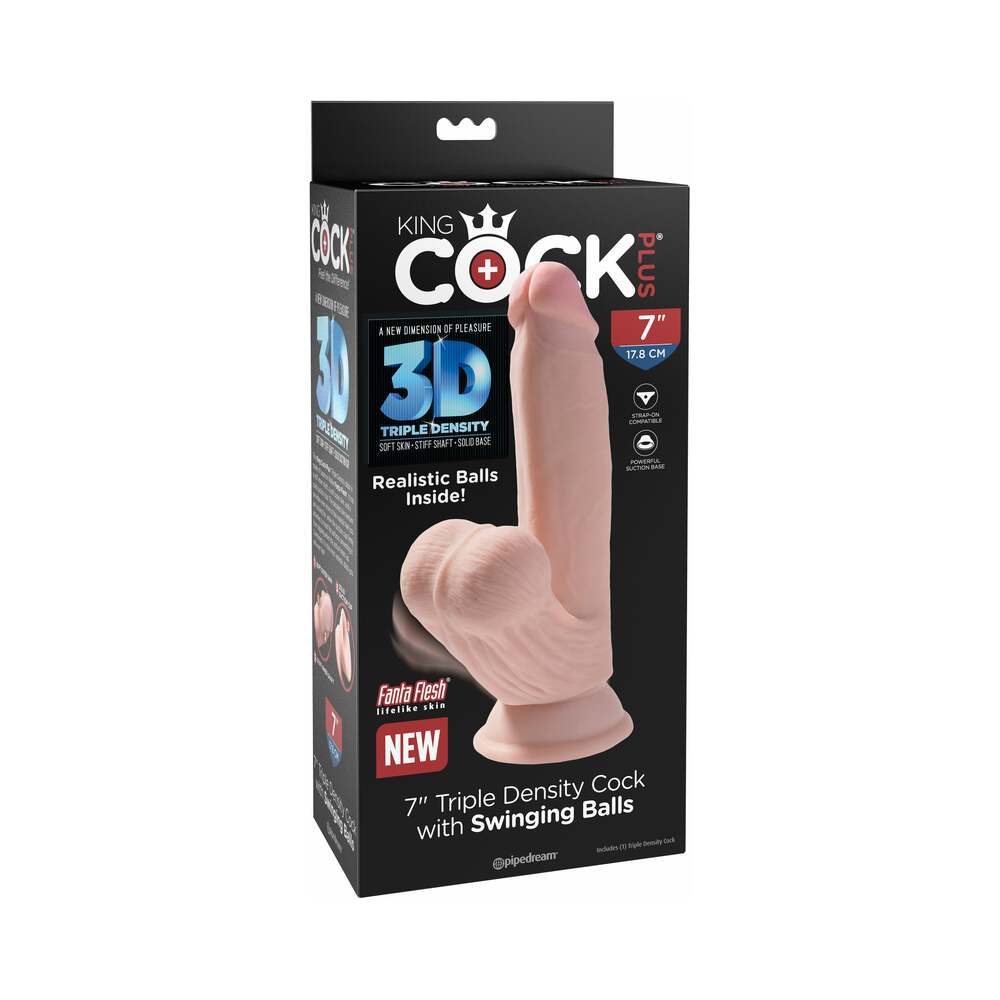 Pipedream King Cock Plus 7 in. Triple-Density Cock With Swinging Balls Dildo Beige - Red Garter