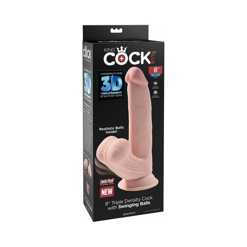 Pipedream King Cock Plus 8 in. Triple-Density Cock With Swinging Balls Dildo Beige - Red Garter