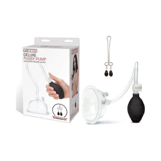 Lux Fetish Deluxe Pussy Pump with Quick-Release Valves - Red Garter