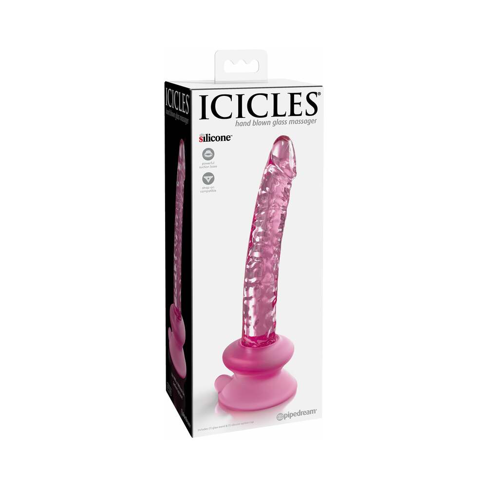 Pipedream Icicles No. 86 Realistic 7 in. Glass Dildo With Suction Cup Pink - Red Garter