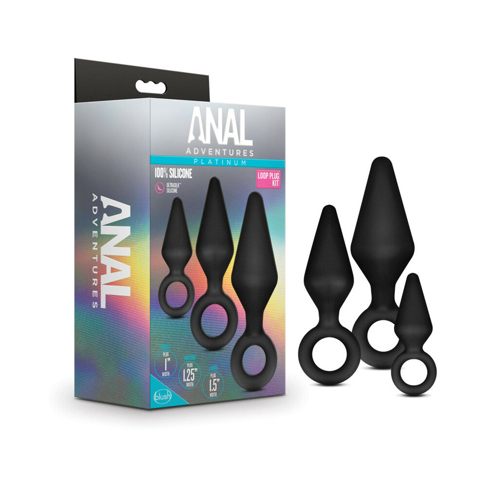 Blush Anal Adventures Platinum Silicone 3-Piece Loop Plug Kit Black - Red Garter