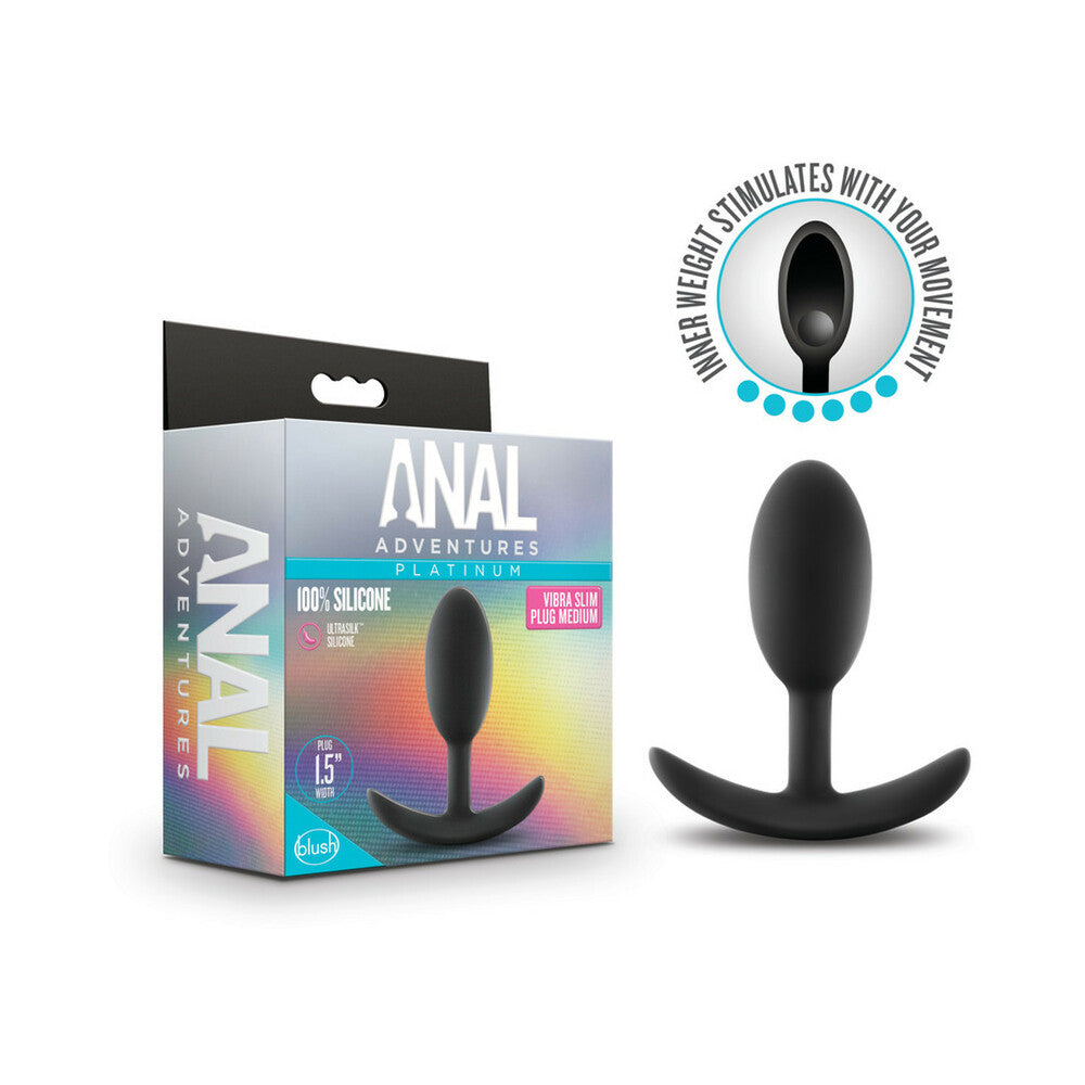 Blush Anal Adventures Platinum Silicone Weighted Vibra Slim Plug Medium Black - Red Garter