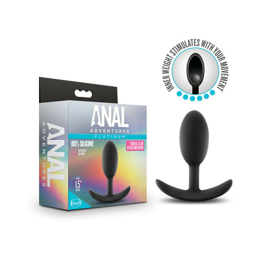 Blush Anal Adventures Platinum Silicone Weighted Vibra Slim Plug Medium Black - Red Garter