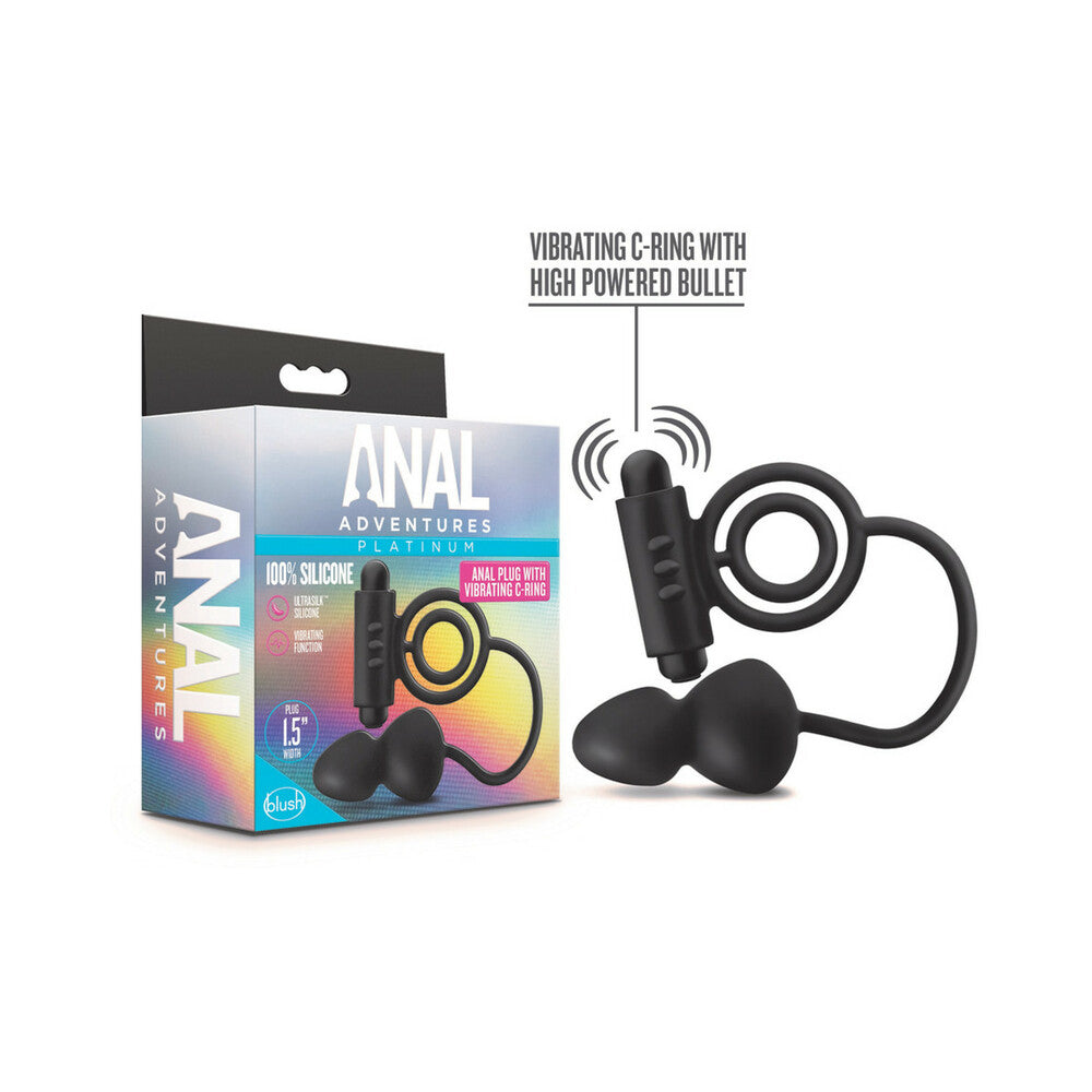 Anal Adventures Platinum Silicone Anal Plug with Vibrating C-Ring Black - Red Garter