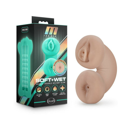 Blush M for Men Soft + Wet Double Trouble Glow in the Dark Self-Lubricating Stroker Beige - Red Garter