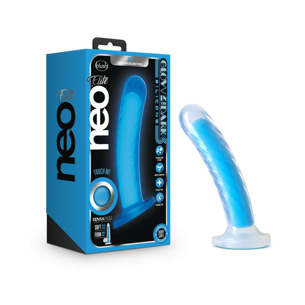 Neo Elite Glow in the Dark Tao 7 in. Dual-Density Dildo Neon Blue - Red Garter