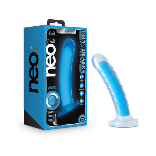 Neo Elite Glow in the Dark Tao 7 in. Dual-Density Dildo Neon Blue - Red Garter