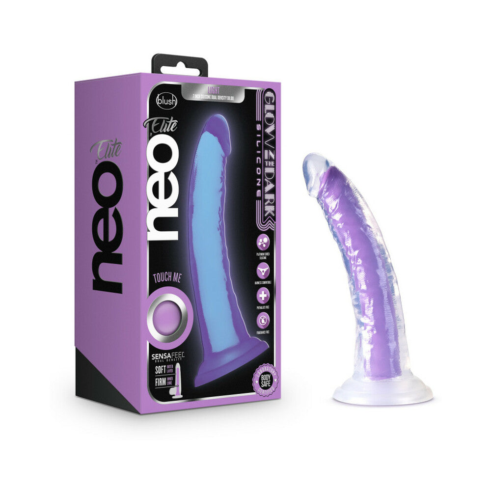 Neo Elite Glow in the Dark Light 7 in. Silicone Dual-Density Dildo Neon Purple - Red Garter