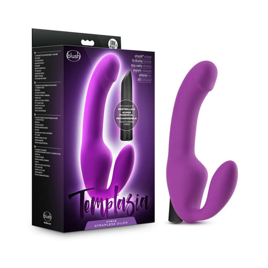 Temptasia Cyrus 8.5 in. Silicone Strapless Strap-On Dildo with Bullet Vibrator Purple - Red Garter