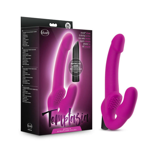 Temptasia Estella 9.5 in. Silicone Strapless Strap-On Dildo with Bullet Vibrator Pink - Red Garter