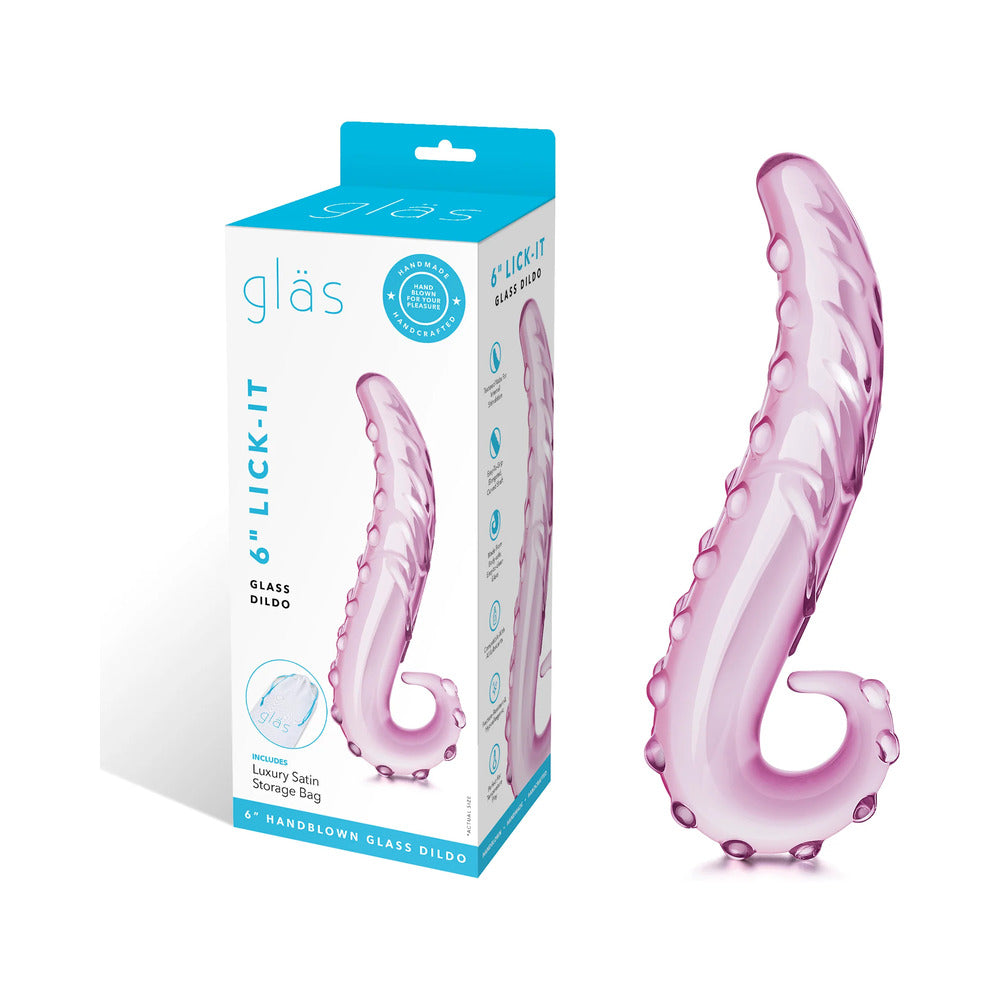 Glas 6 in. Lick-It Glass Dildo Pink - Red Garter