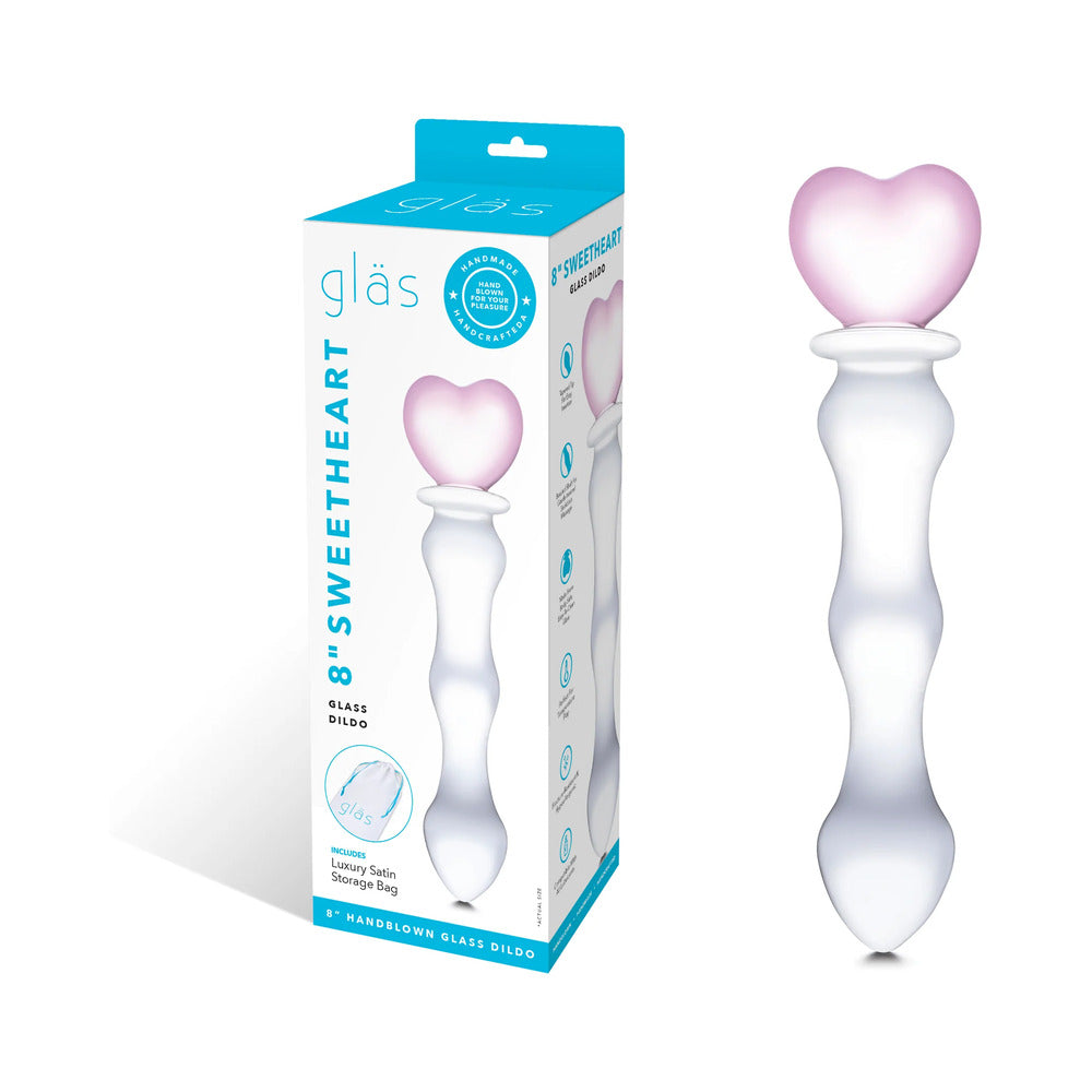 Glas 8 in. Sweetheart Glass Dildo with Pink Heart-Shaped Handle - Red Garter