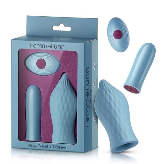 FemmeFunn Versa T Bullet Vibrator & Textured Silicone Tongue-Shaped Sleeve Light Blue - Red Garter