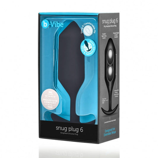b-Vibe Snug Plug 6 Weighted Silicone Anal Plug Black - Red Garter