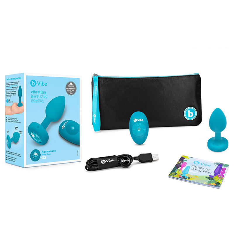 b-Vibe Vibrating Jewel Rechargeable Remote-Controlled Anal Plug with Gem Base Aquamarine S/M - Red Garter