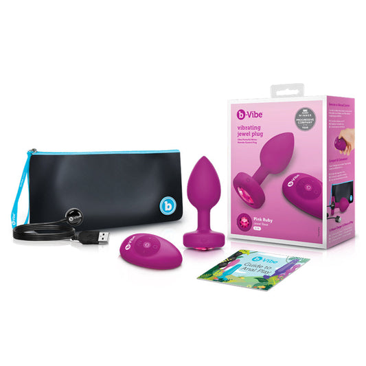 b-Vibe Vibrating Jewel Rechargeable Remote-Controlled Anal Plug with Gem Base Pink Ruby S/M - Red Garter